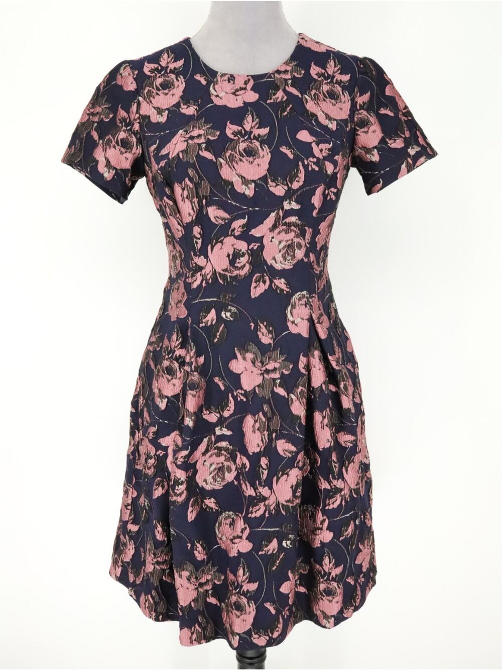 Vince Camuto Dress Womens 6 Navy Blue Pink Floral Brocade Pleated Lined Pockets - Picture 1 of 16